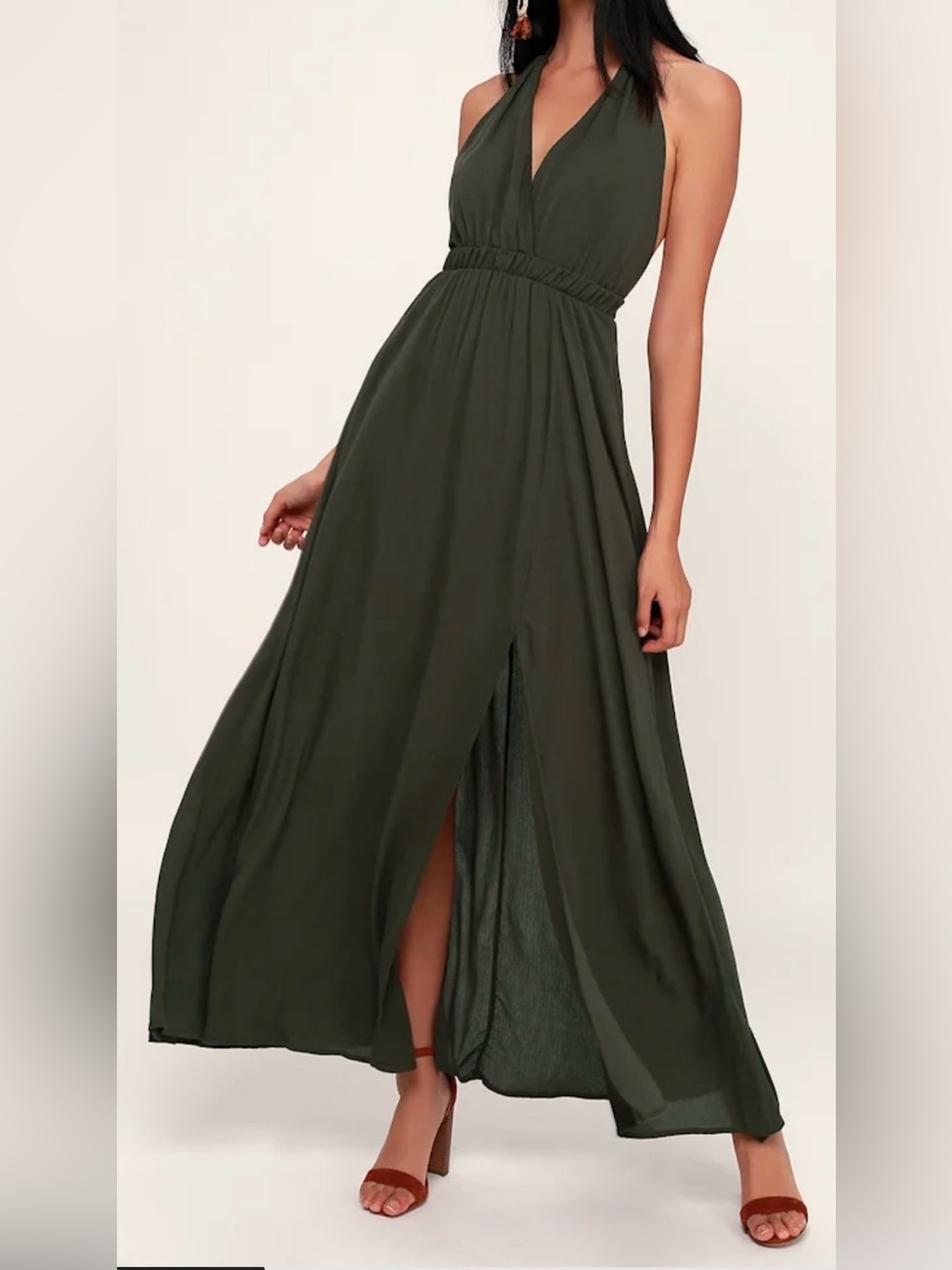 Lulus finest hour olive green halter maxi dress size XL
